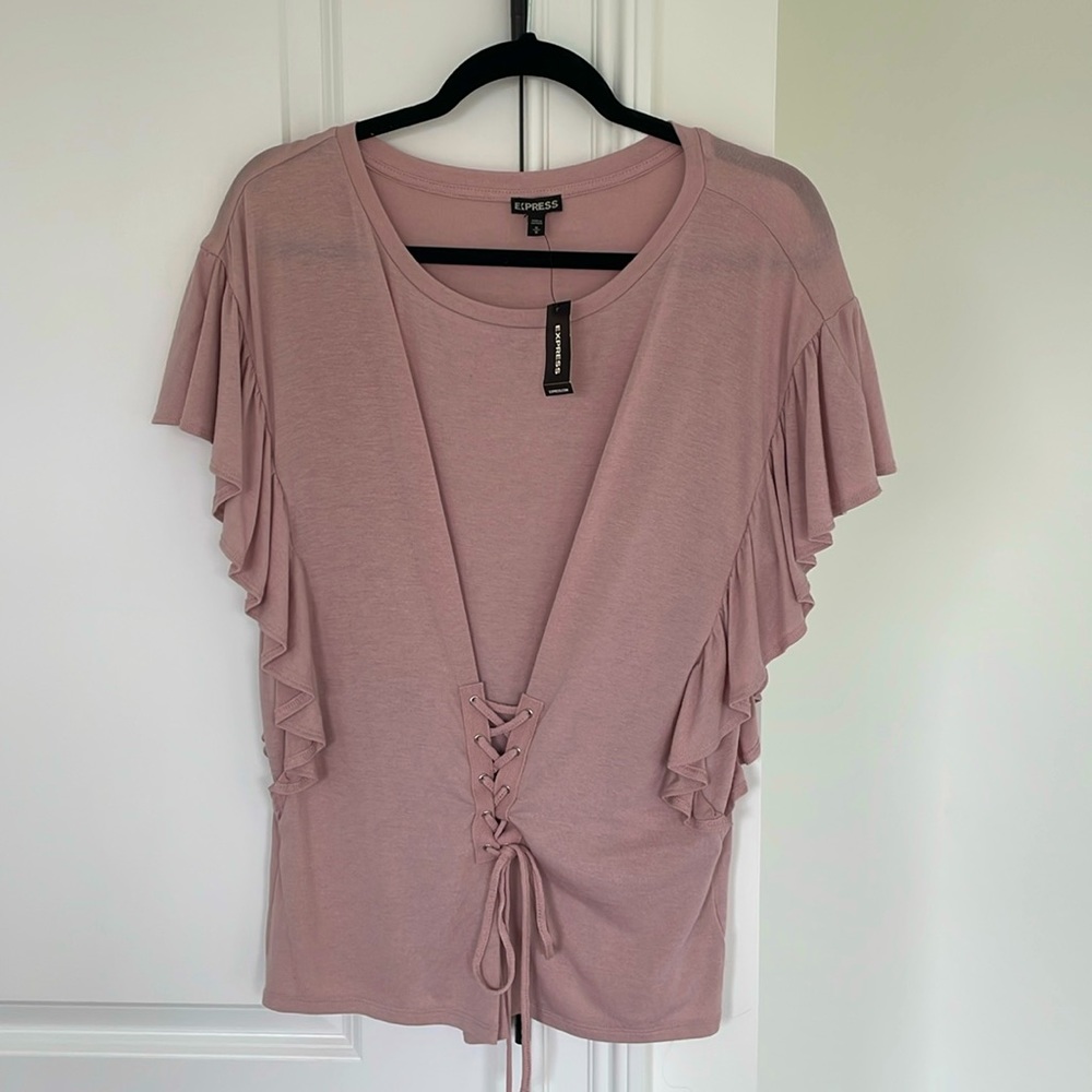 Express Mauve Pink Ruffle Sleeve Lace-Up Short Sleeve Top